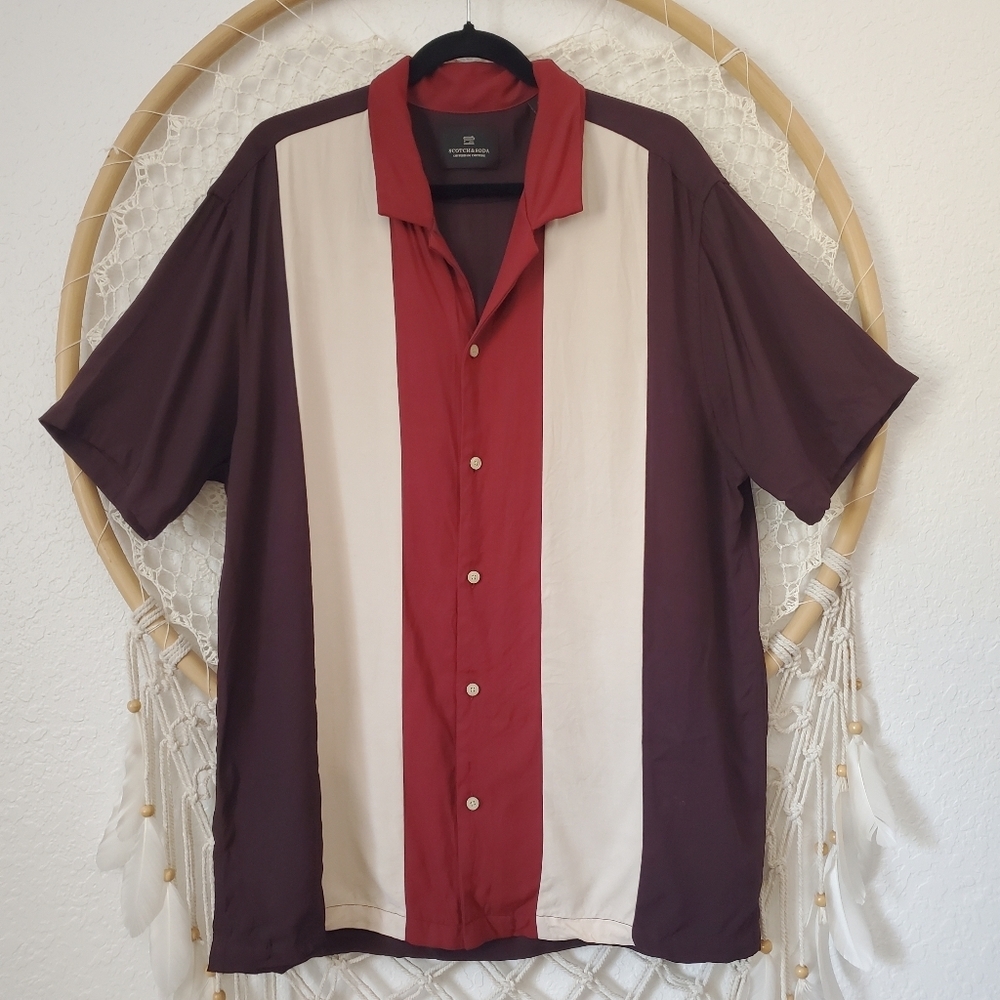 Scotch & Soda Burgundy, Cream & Red Vertical Panel Short-Sleeve Shirt